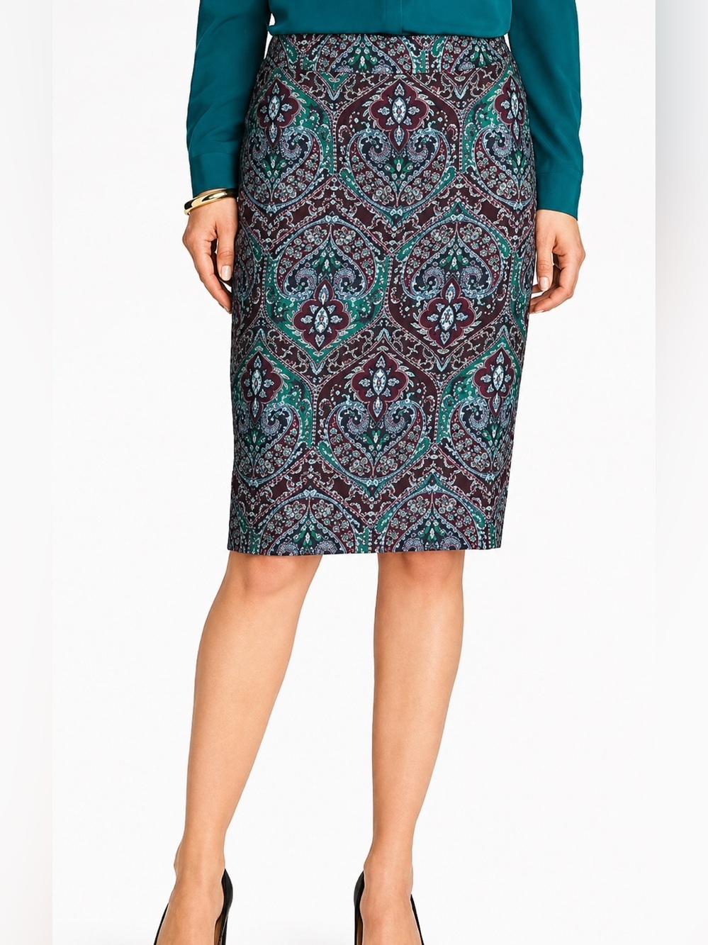 Talbots NWT green/purple paisley pencil skirt, size 6